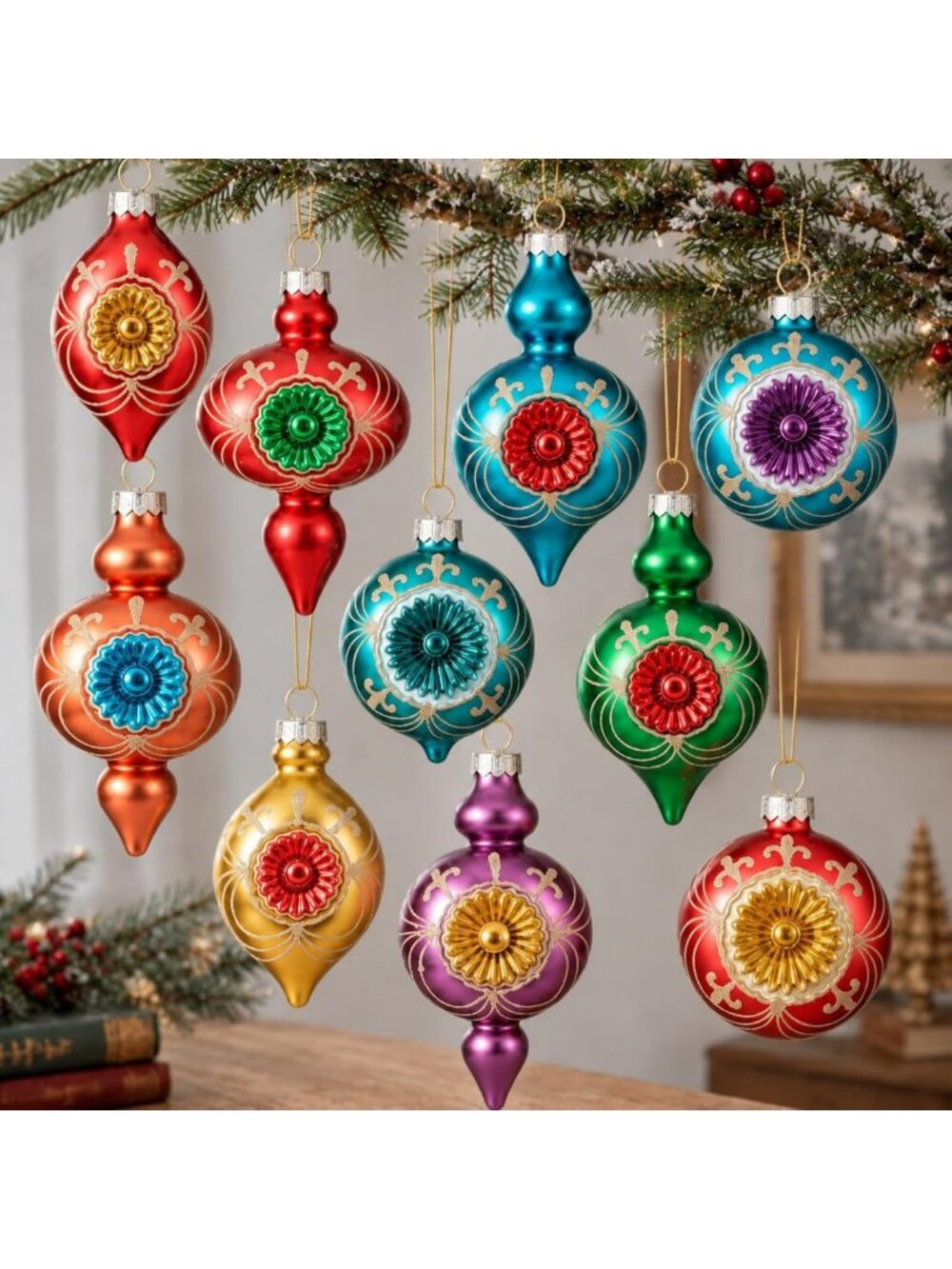 Vintage Glass Christmas Ornaments Set of 10 | Glitter Retro Holiday Decor